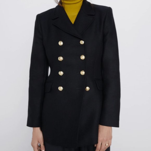 ZARA MANTECO WOOL BLACK AND GOLD BUTTON SHORT PEACOAT - Picture 6 of 11